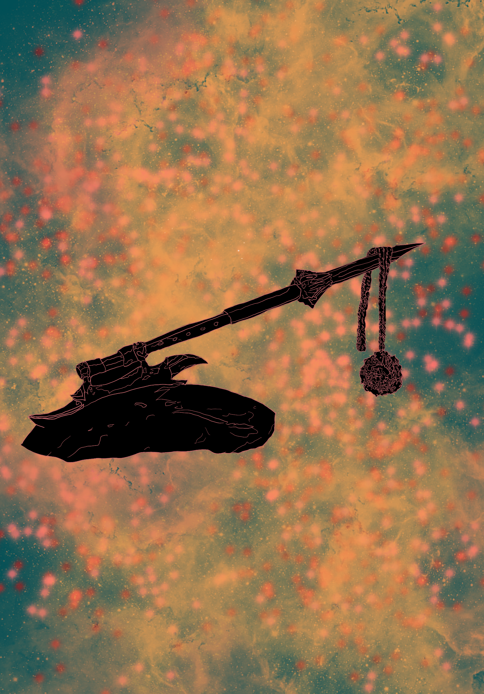 Black images on a colorful background with bright line art. The Scythe sticks out of a rock at an angle. The Champion's amulet hangs from the stake end of the Scythe.